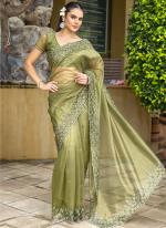 Gold Infused Mehendi Party Wear Twill Work Saree